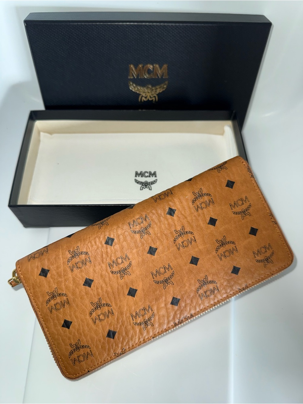 MCM Visetos Large Zip Around Wallet Cognac